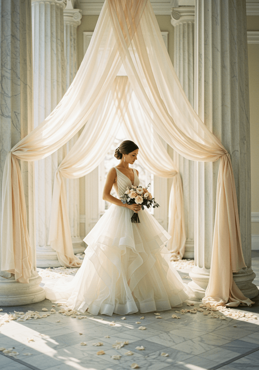 Bride in flowing chiffon wedding gown positioned between towering white marble columns wrapped in cascading ivory and blush fabric
