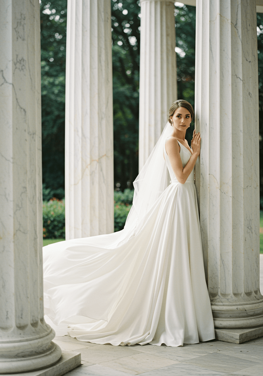 Bride in elegant flowing white gown with cascading silk fabric draping around white marble columns in neoclassical garden pavilion