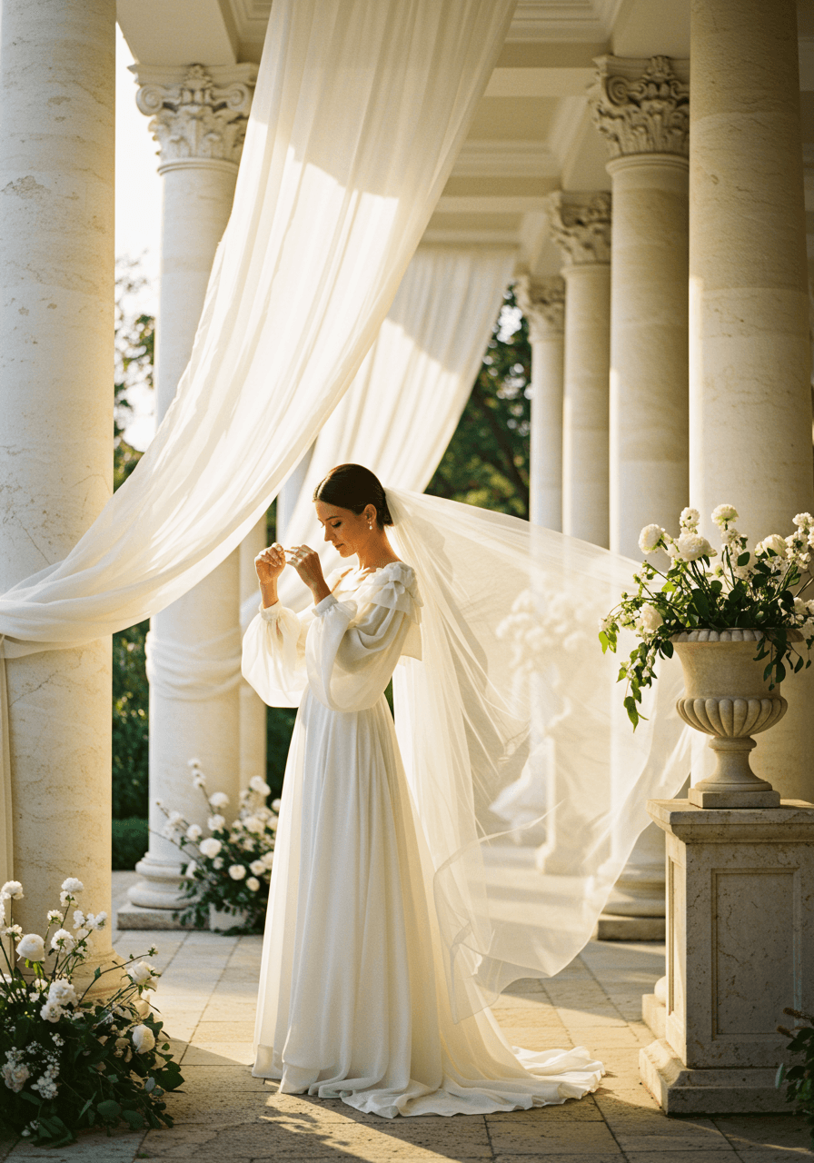 Bride in flowing white gown with organza sleeves standing beside white stone colonnades draped with billowing organza