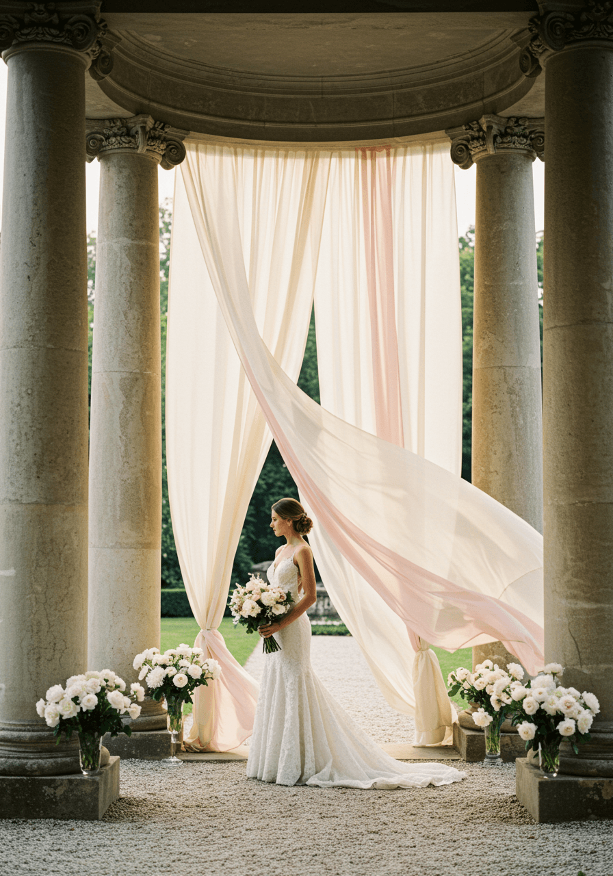 Bride in elegant lace wedding gown standing beside stone columns with flowing blush silk fabric in garden pavilion