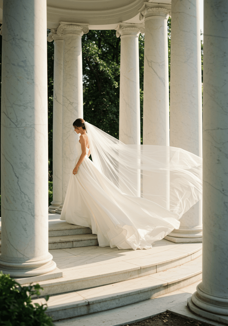 Bride on marble steps with neoclassical columns and flowing white fabric creating elegant garden wedding backdrop