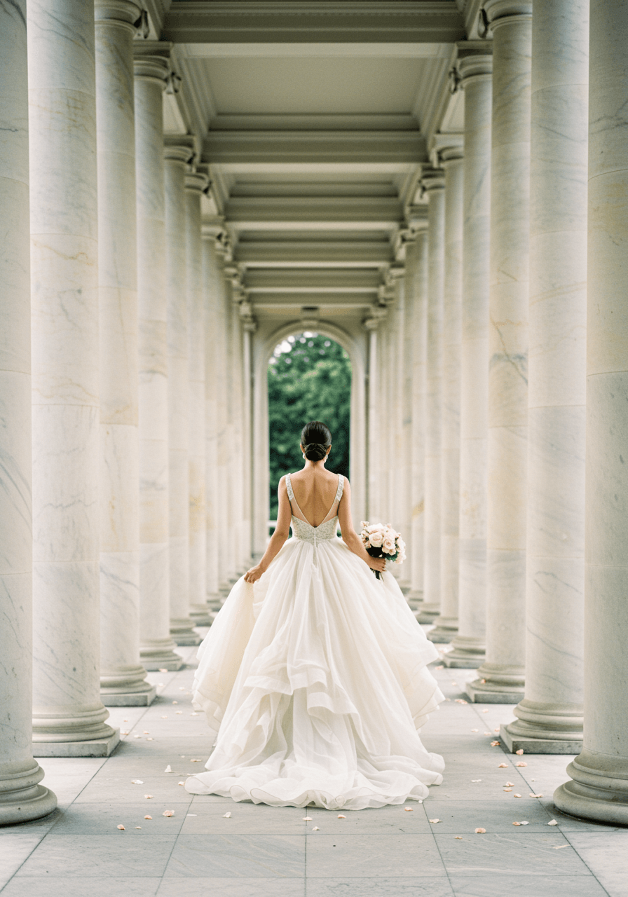 Bride in flowing chiffon wedding gown walking through classical outdoor colonnade with white marble pillars