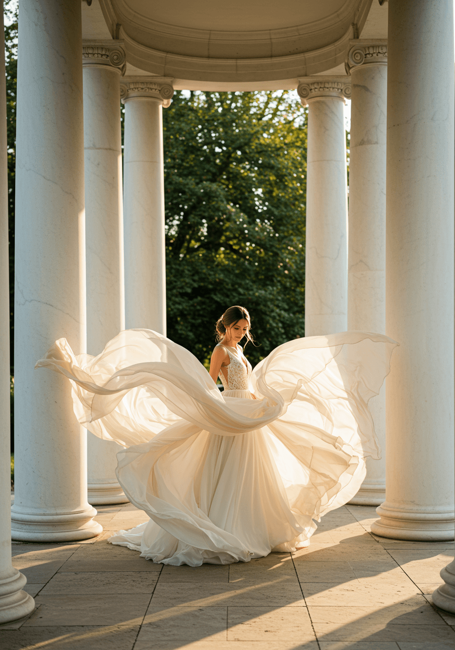 Bride in flowing chiffon wedding gown with ethereal fabric billowing in wind between towering white marble columns during golden hour