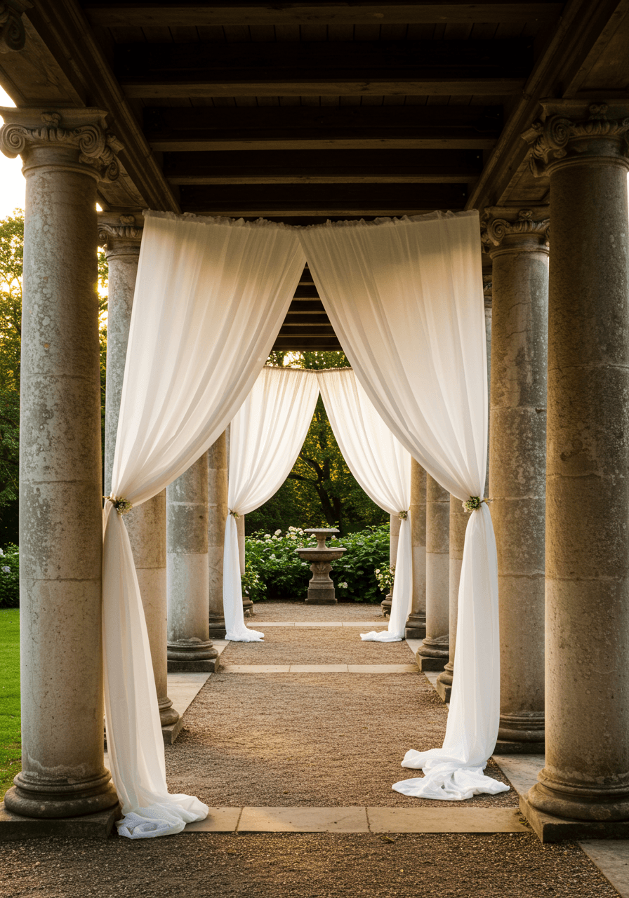 Wide view of historic stone colonnade with elegant white chiffon fabric swags creating sophisticated outdoor wedding backdrop