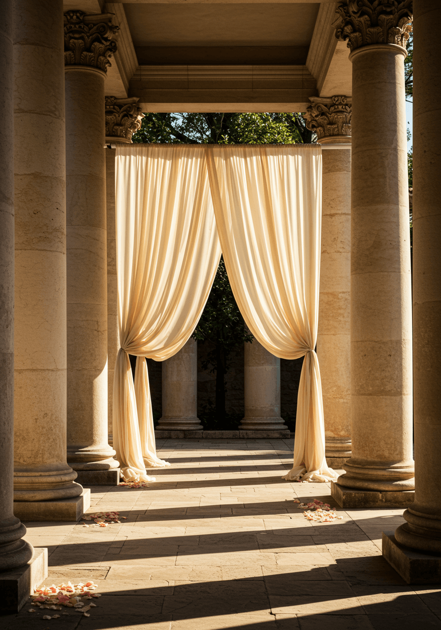 Champagne-coloured chiffon fabric artfully draped between tall Corinthian pillars creating elegant ceremony backdrop during golden hour