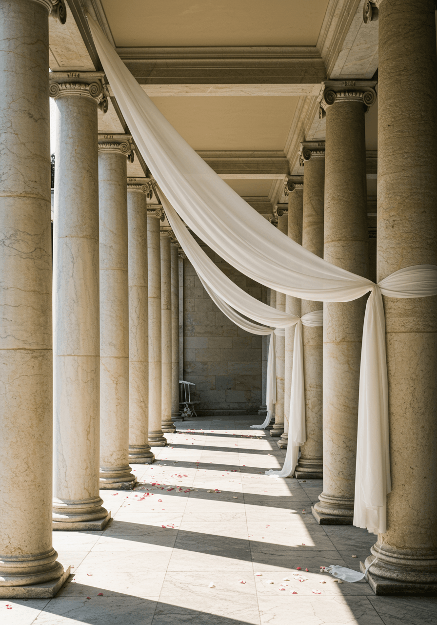 Historic stone colonnade with elegant white chiffon fabric swags gracefully draped between weathered marble pillars