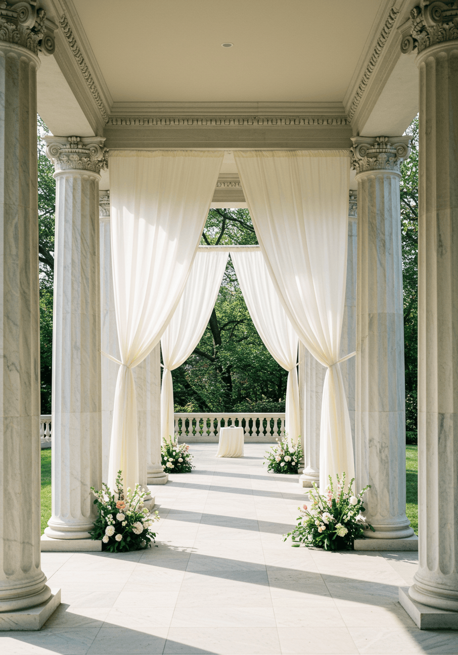Wide view of marble colonnade with flowing ivory chiffon fabric creating elegant wedding ceremony space