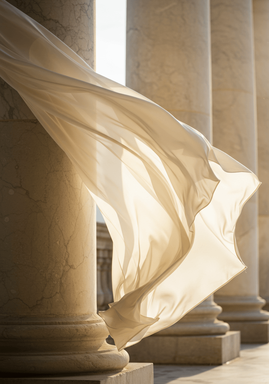 Flowing ivory silk fabric elegantly draped and swaying between two ornate marble pillars on historic mansion terrace