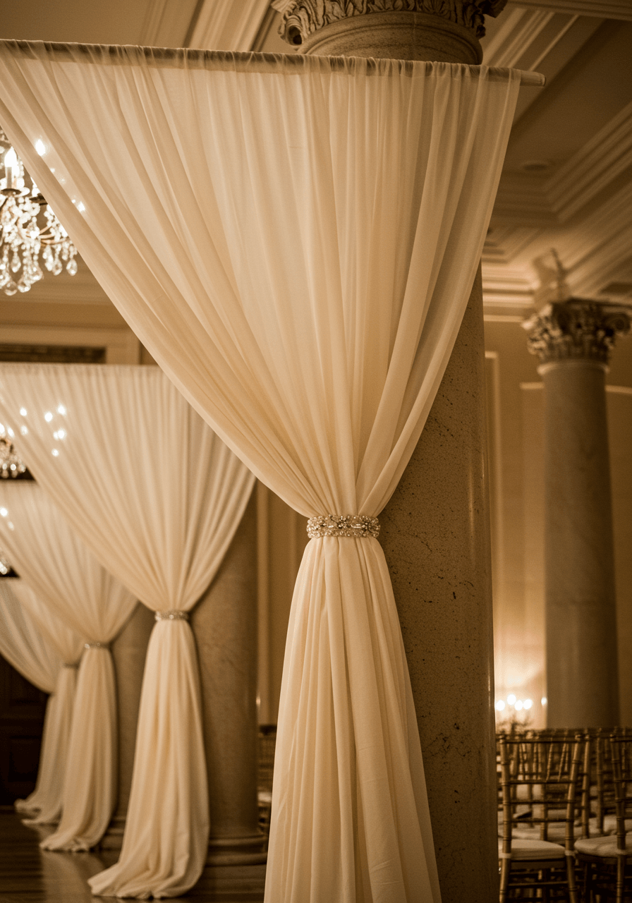 Luxurious ivory silk draping flowing dramatically from tall stone pillars in grand ballroom with crystal chandeliers