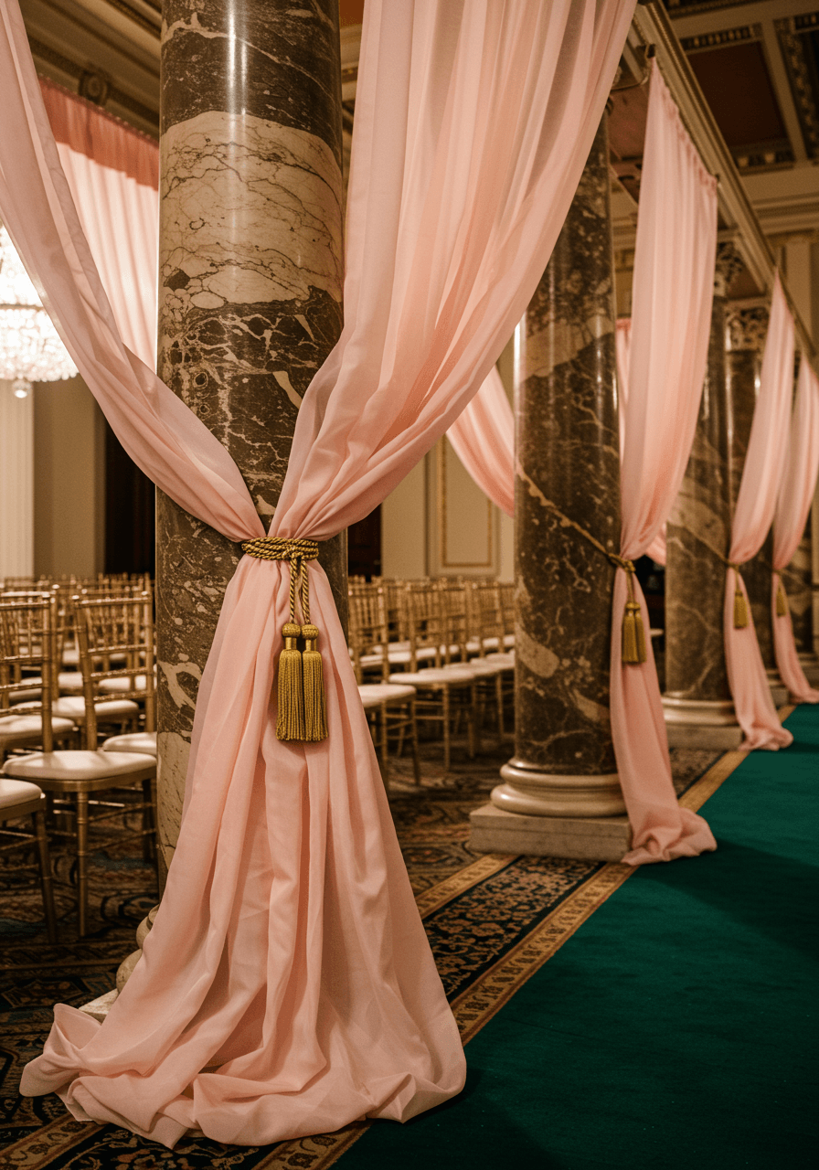 Grand marble columns adorned with luxurious blush pink silk draping and gold tasselled tiebacks in opulent ballroom setting