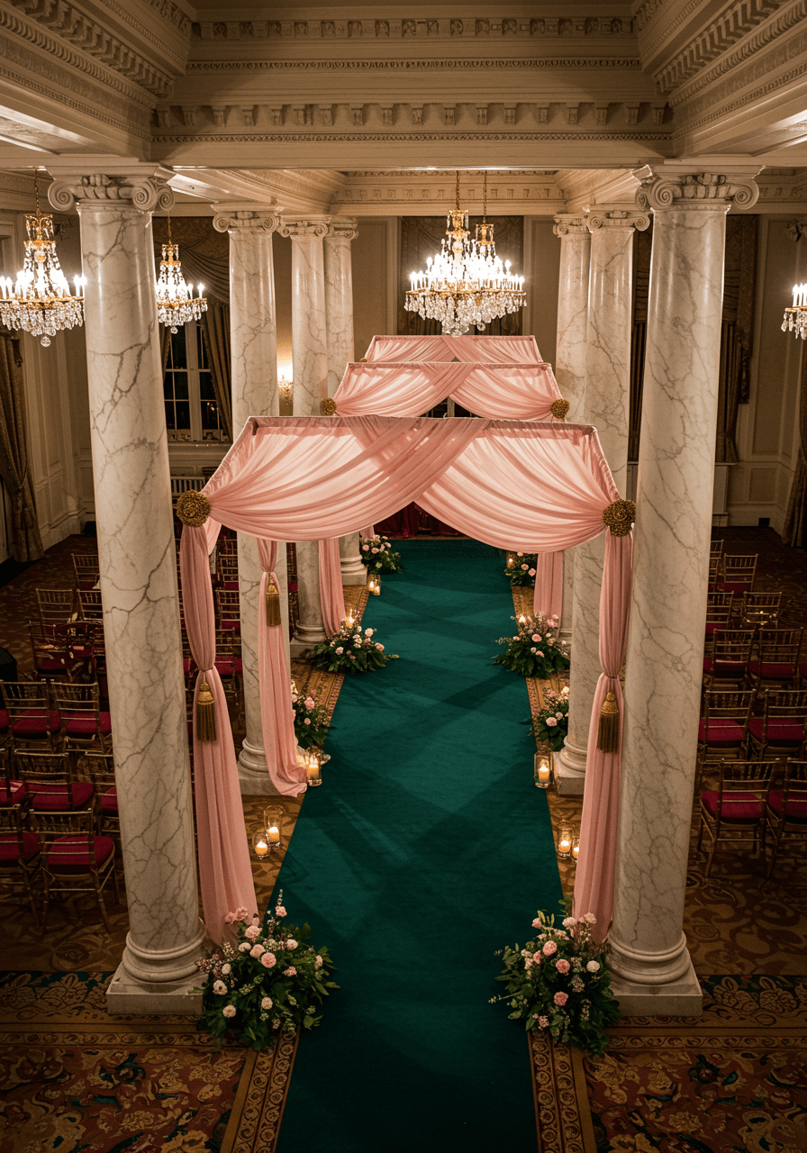 Wide view of luxurious ballroom wedding ceremony with marble columns and rich burgundy velvet draping
