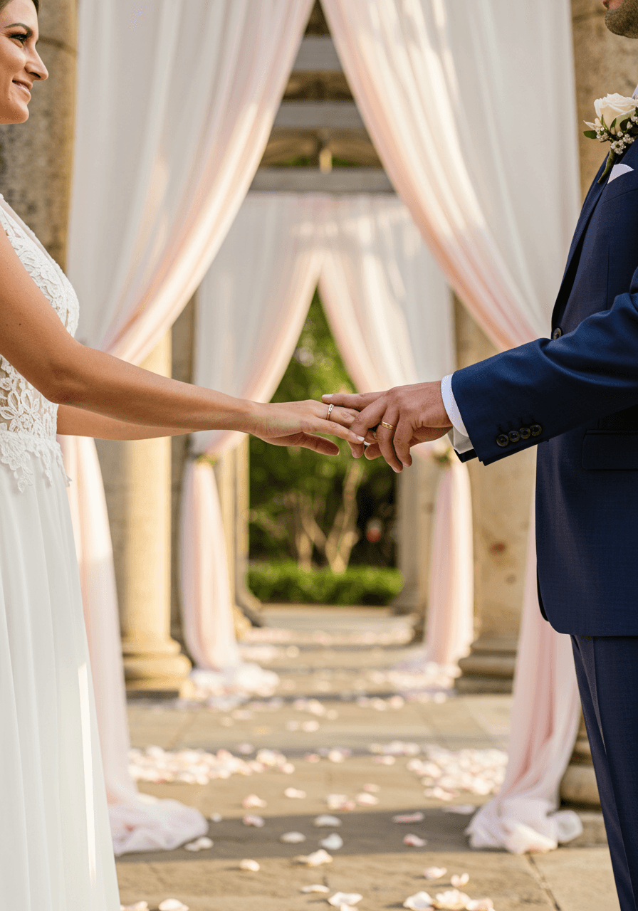 Intimate moment of couple holding hands under whimsical chiffon-draped wedding ceremony walkway