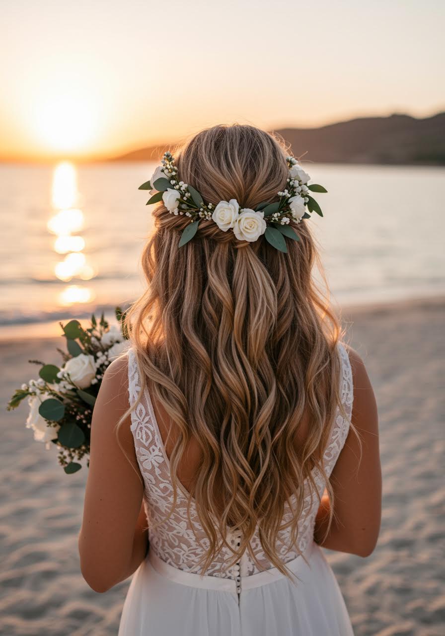 Bohemian beach bride with natural waves and delicate floral hair vine