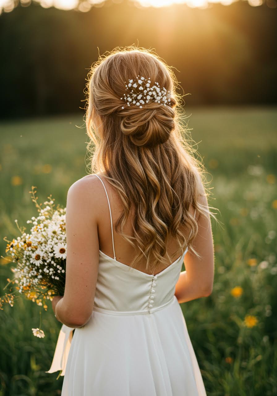 Bohemian bride with effortless messy bun and loose face-framing pieces