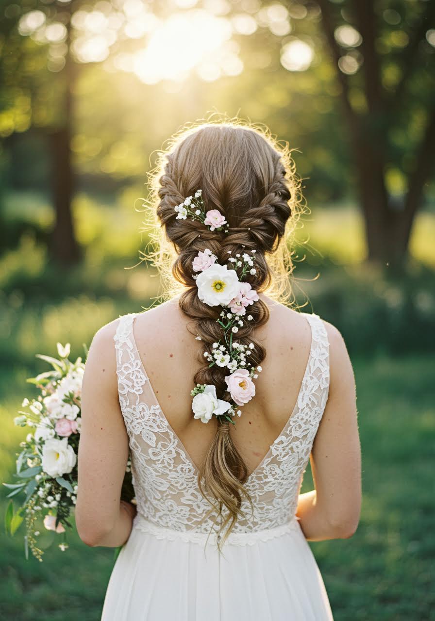 Bohemian bride with loose side braid adorned with white and blush fresh flowers