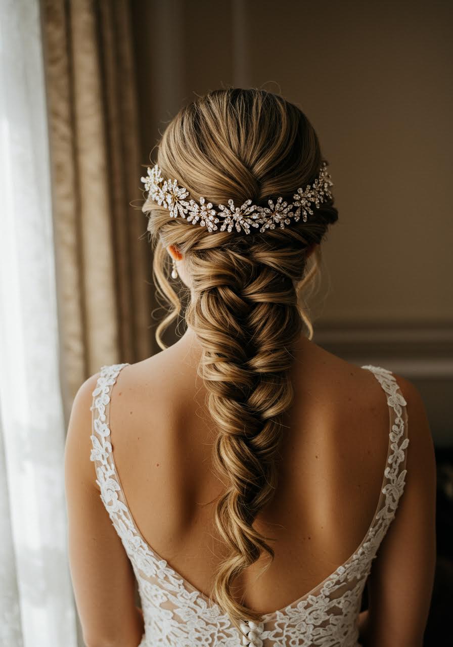 Elegant bride with French twist hairstyle secured with sparkly hairpins