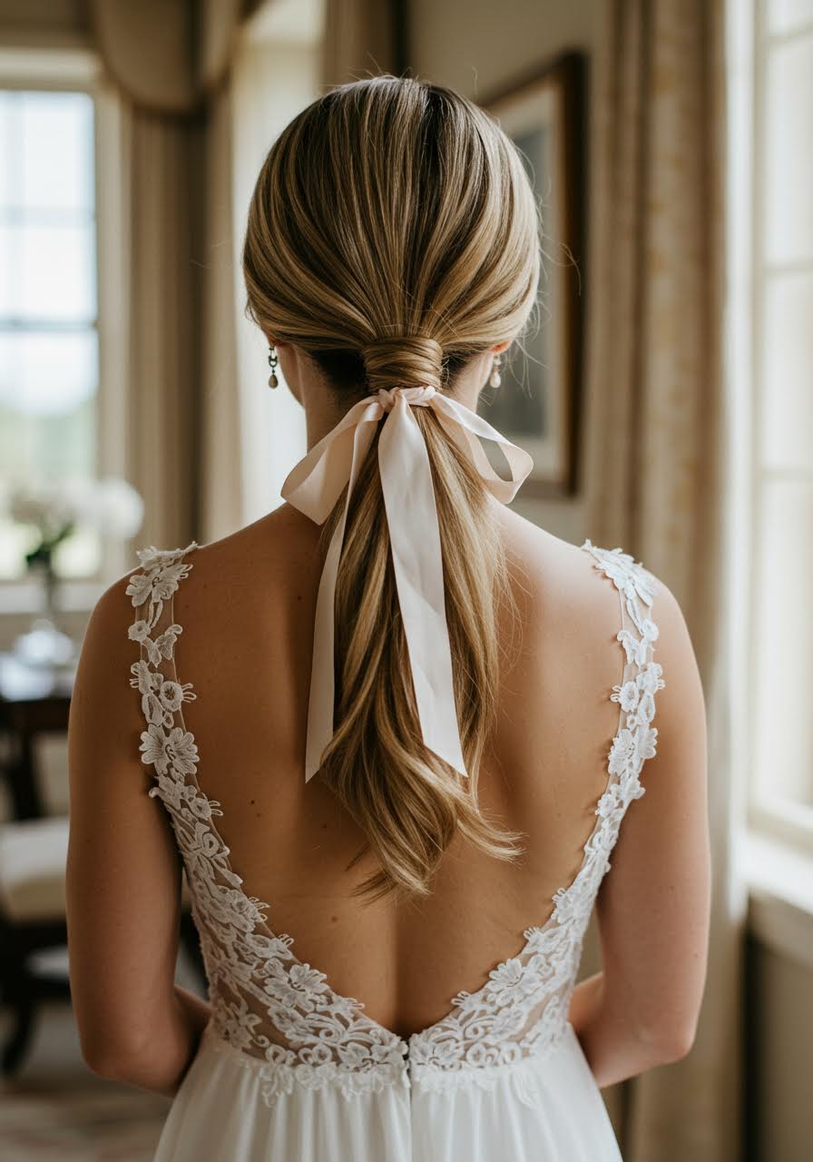 Elegant bride with sleek low ponytail wrapped with delicate silk ribbon