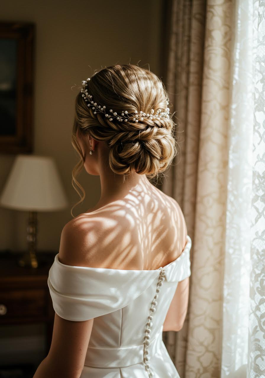 Sophisticated bride with low bun featuring intricate twisted details