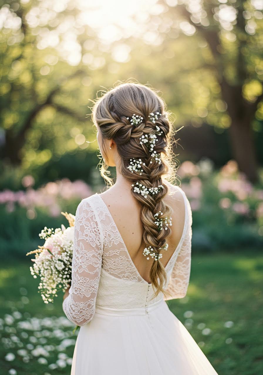 Bride with intricate fishtail braid swept to one side with baby's breath