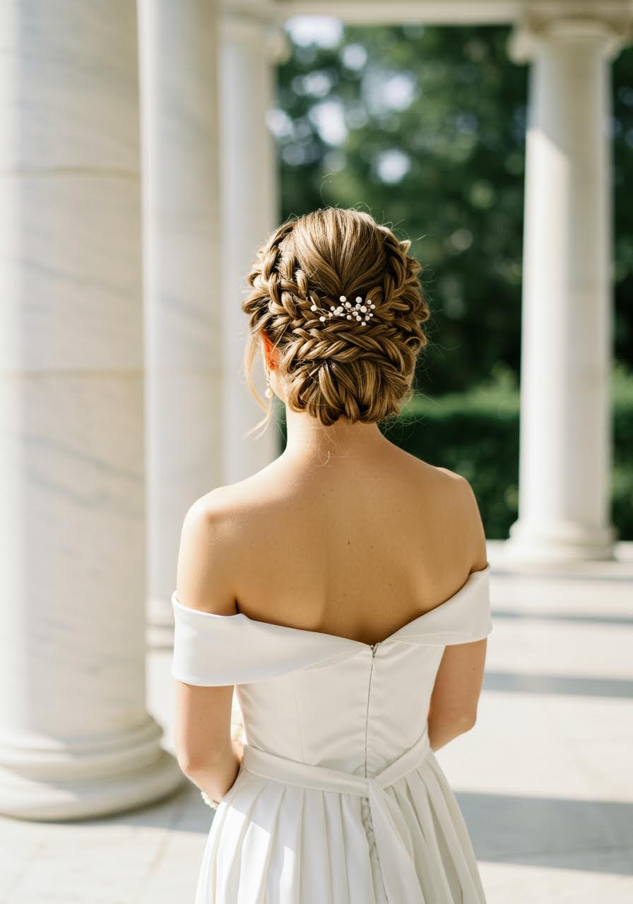 Grecian-inspired bride with braided updo and pearl pins in marble courtyard