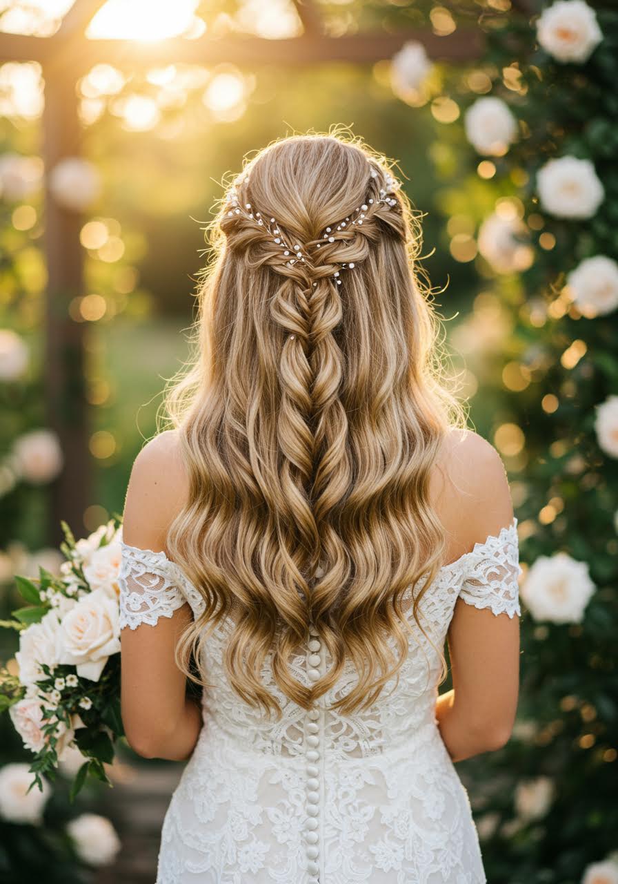 Bride with romantic loose waves and delicate side braids in sunlit garden gazebo