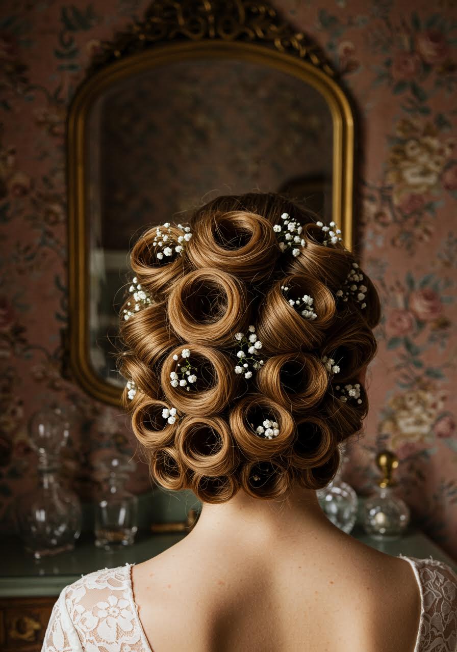 Vintage-inspired bride with elaborate victory rolls adorned with white flowers