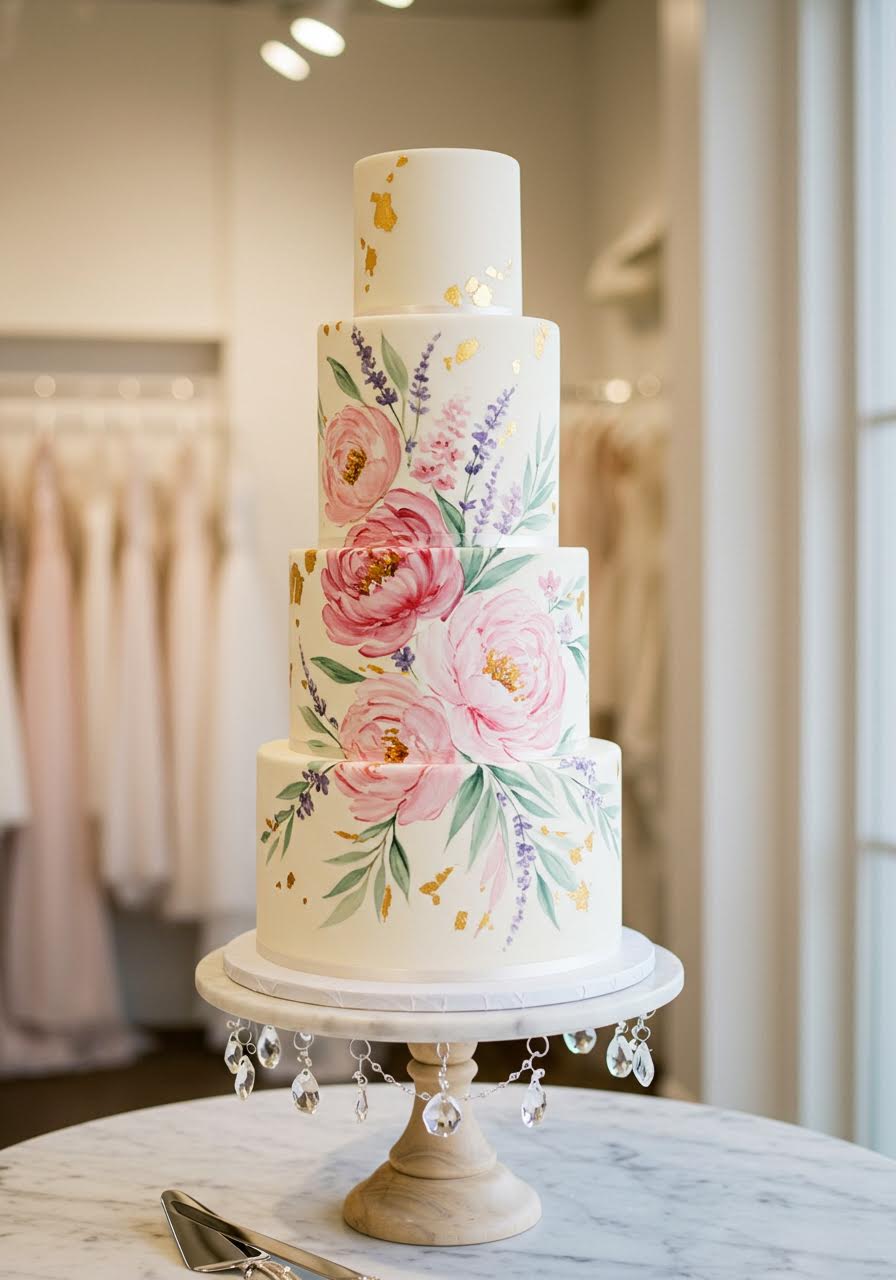 Elegant three-tier wedding cake with hand-painted watercolour florals in soft pastels displayed in a bright bridal boutique