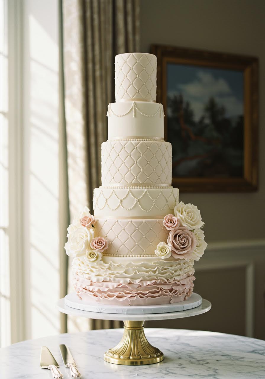Four-tier textured wedding cake featuring intricate fondant ruffles, rosettes, and geometric patterns in ivory and blush