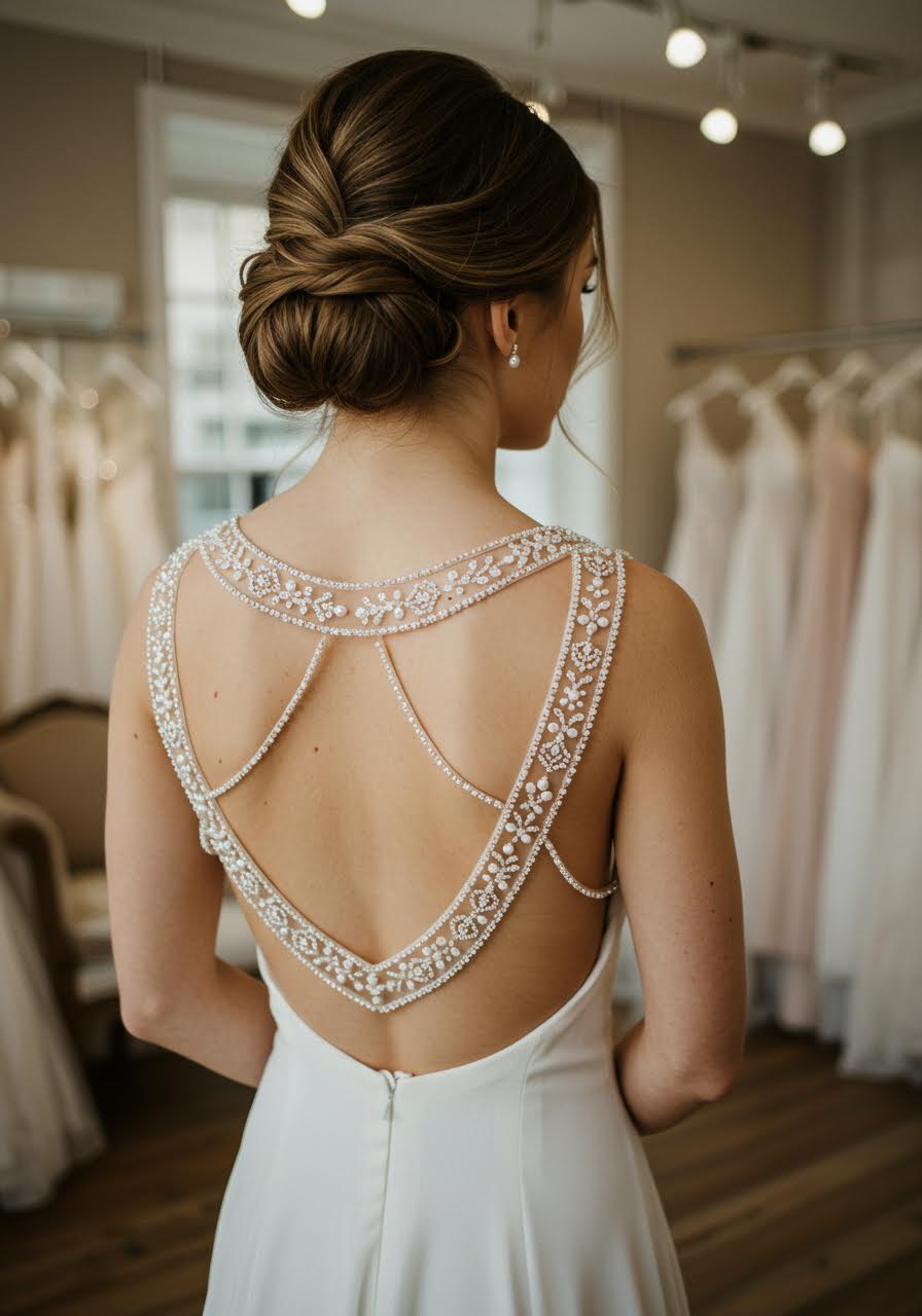 Bride in backless wedding dress with intricate beaded geometric straps across shoulders and back in elegant bridal boutique