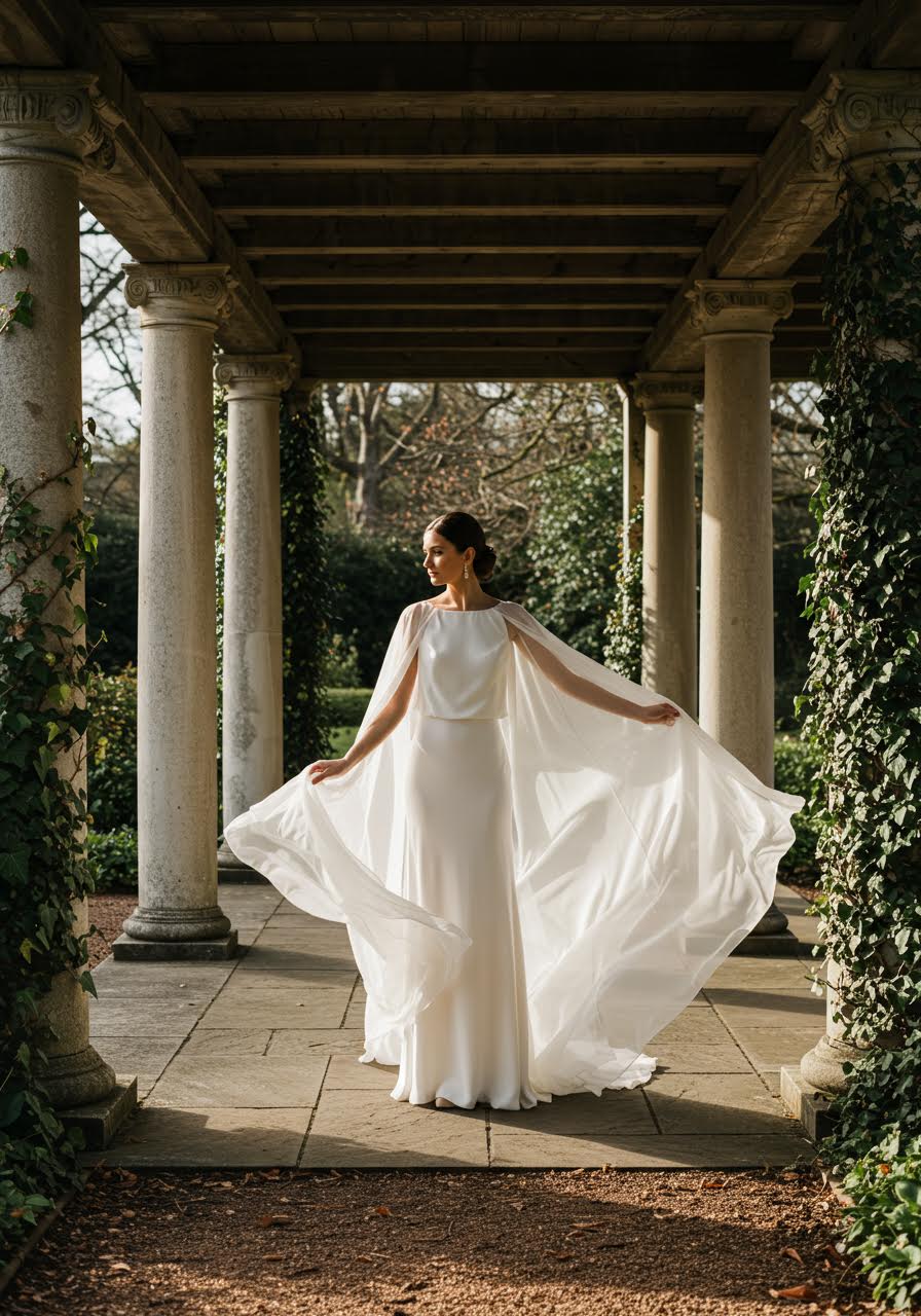Bride in dramatic cape-style wedding dress with floor-length detachable cape in sunlit garden pavilion during golden hour