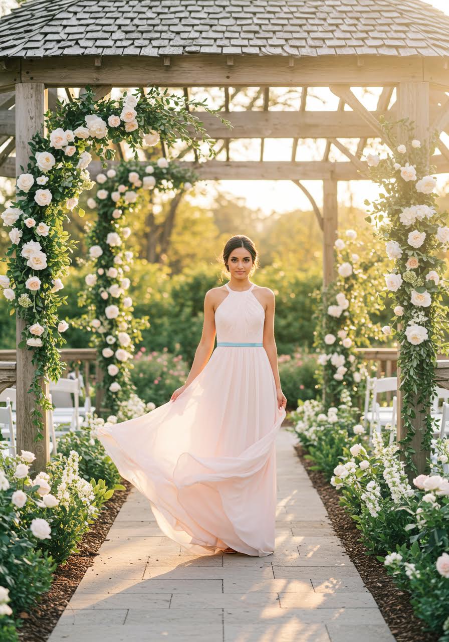 Blush pink chiffon bridesmaid dress with delicate pleating in rose garden pavilion