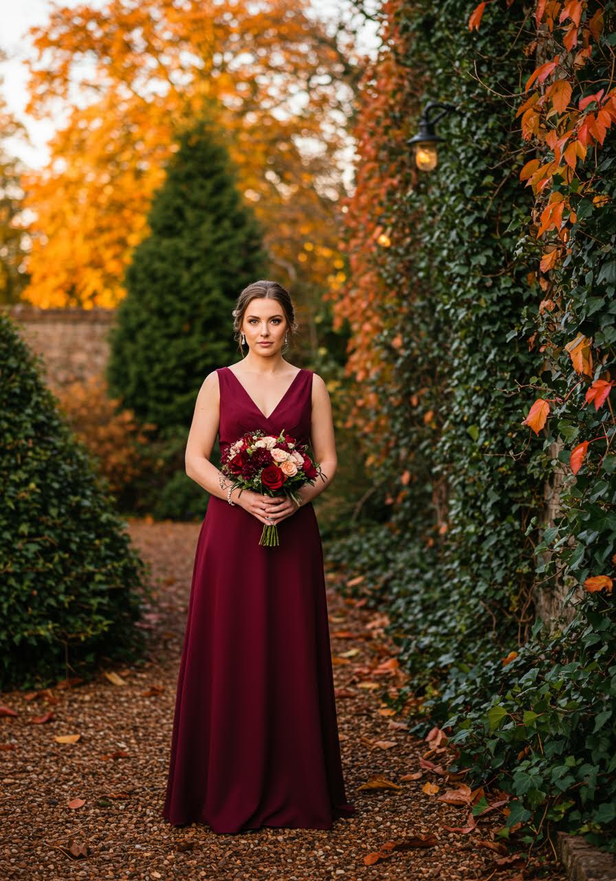 Burgundy satin bridesmaid dress with V-neckline in autumn garden setting