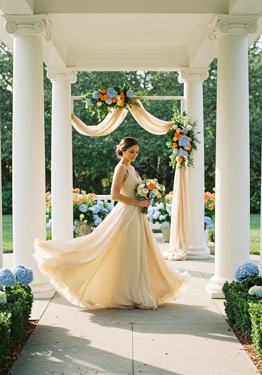 Champagne chiffon bridesmaid dress with golden undertones in elegant garden pavilion