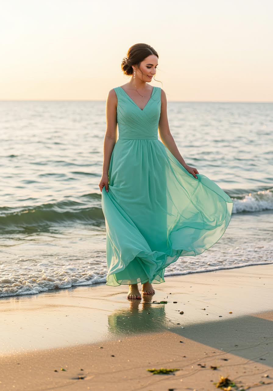 Seafoam green chiffon bridesmaid gown on sandy beach with ocean waves and sunset