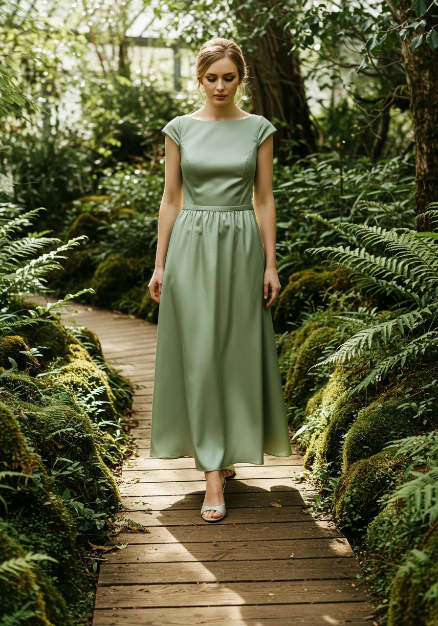 Sage green satin bridesmaid dress with cap sleeves in botanical garden morning light