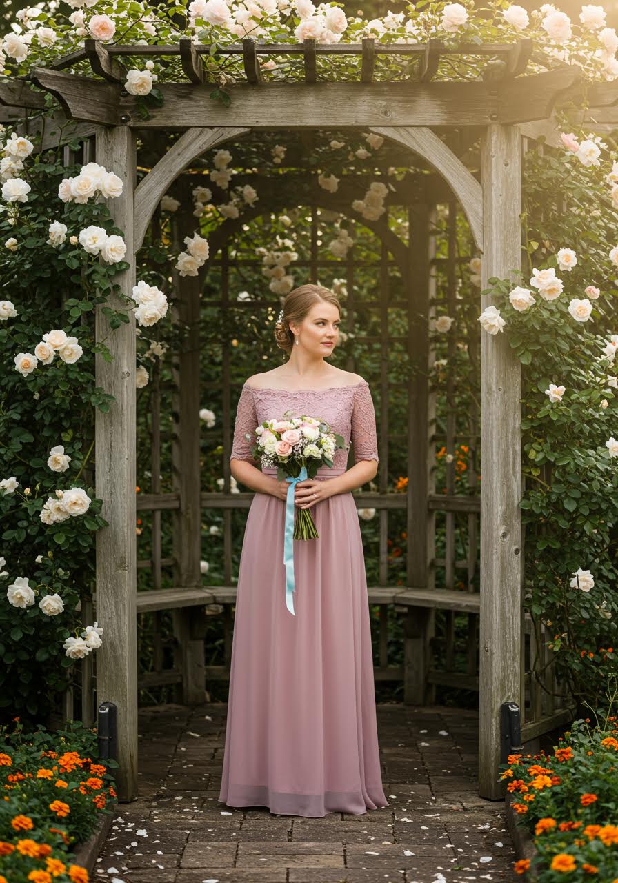 Dusty rose chiffon bridesmaid gown with lace bodice in romantic garden gazebo