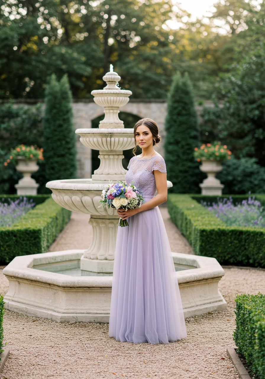 Elegant lavender A-line bridesmaid gown with lace bodice beside marble fountain