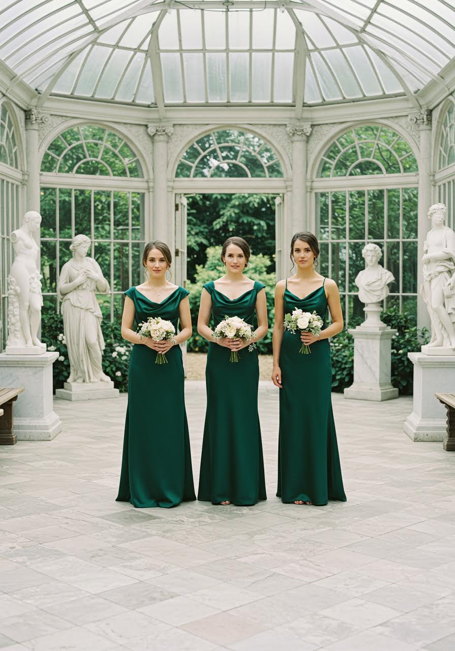 Three bridesmaids in deep emerald silk gowns in ornate marble conservatory