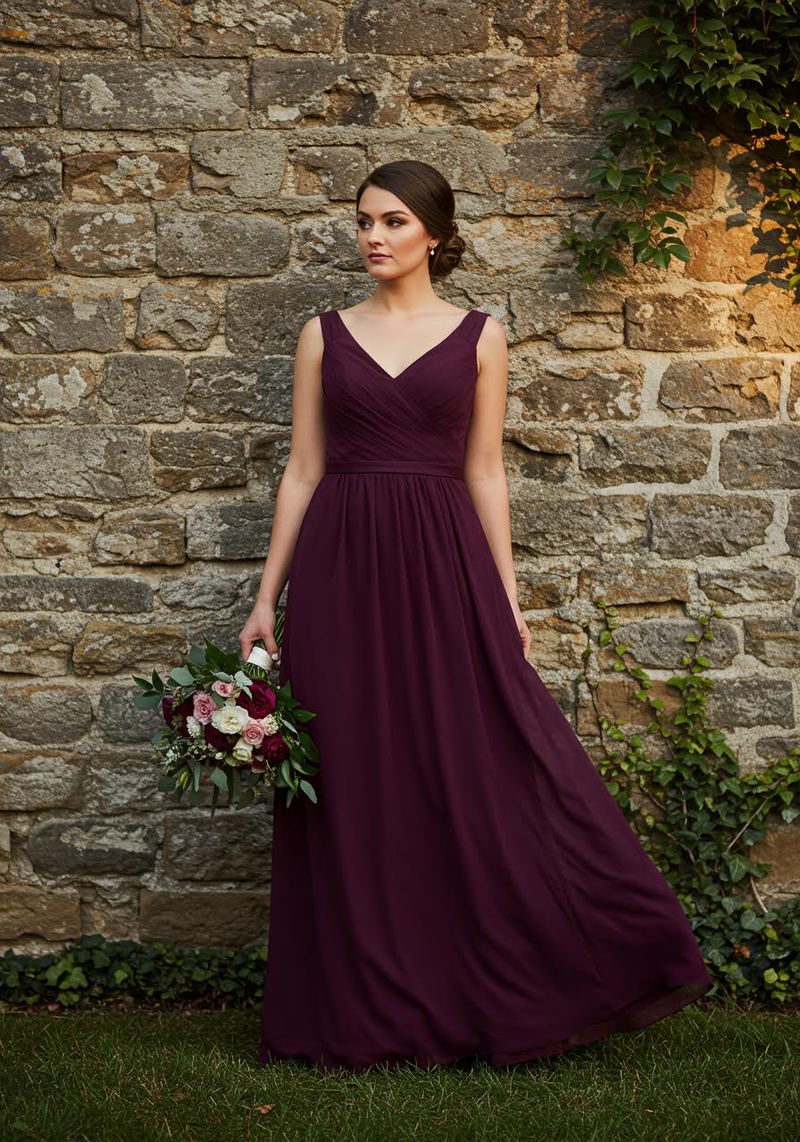 Plum purple chiffon bridesmaid gown beside stone garden wall during golden hour