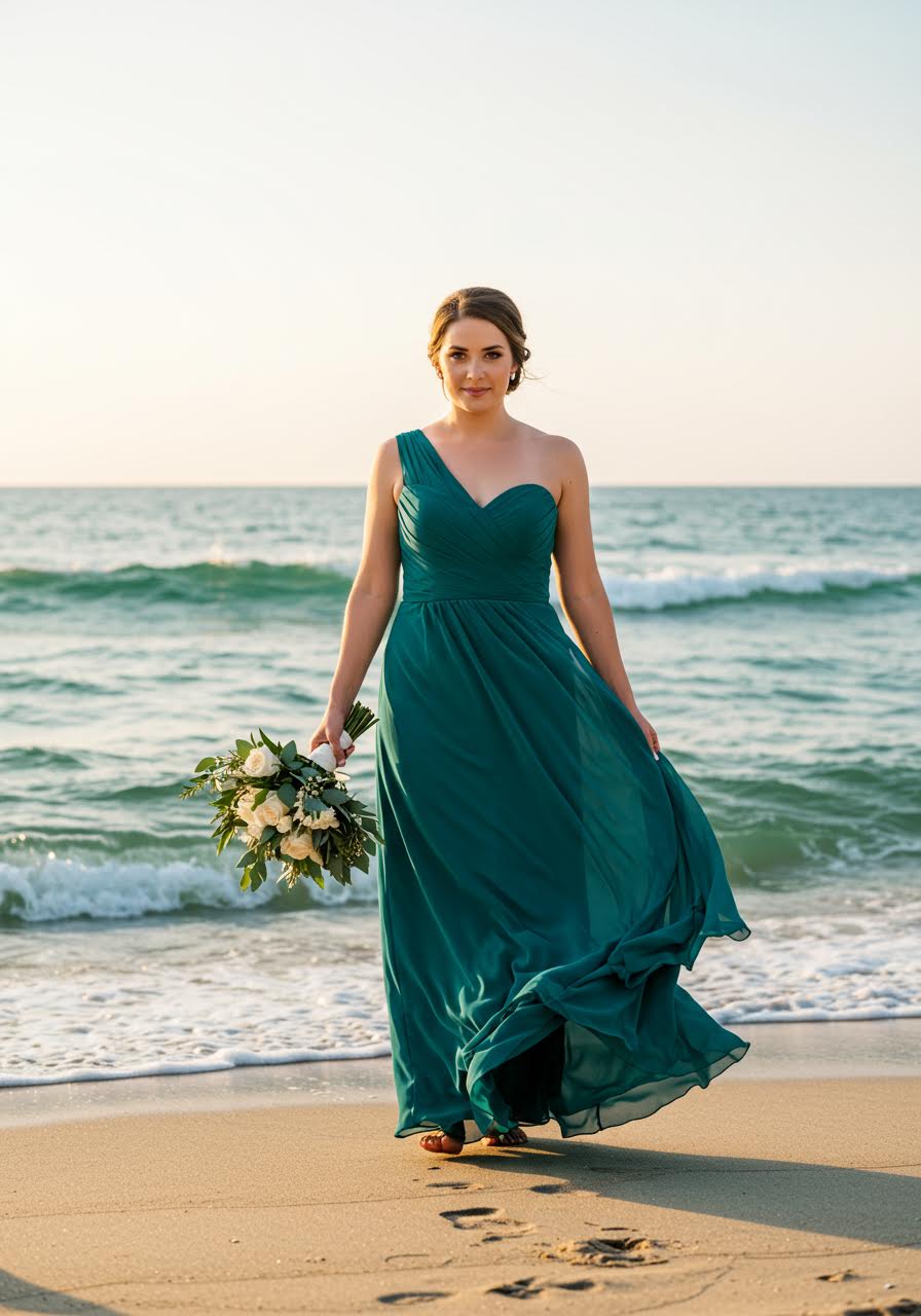 Teal chiffon bridesmaid dress flowing on sandy beach with ocean waves backdrop