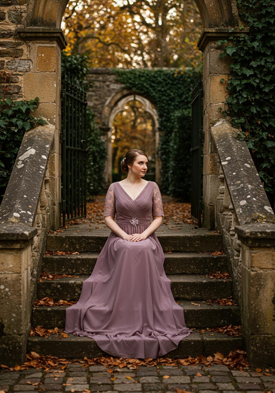 Mauve chiffon bridesmaid dress with vintage brooch in weathered stone courtyard