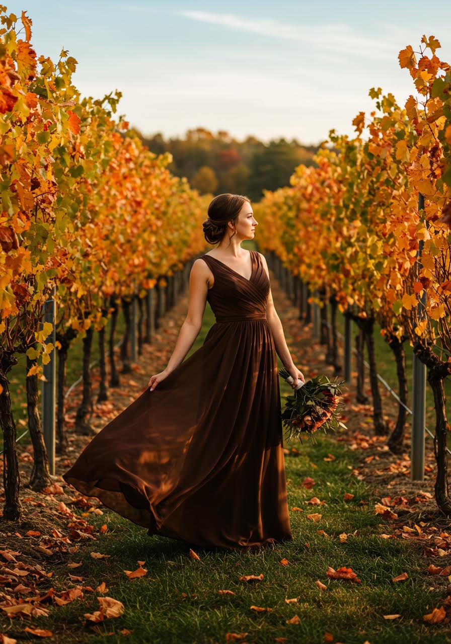 Chocolate brown floor-length bridesmaid dresses in rustic vineyard with autumn foliage