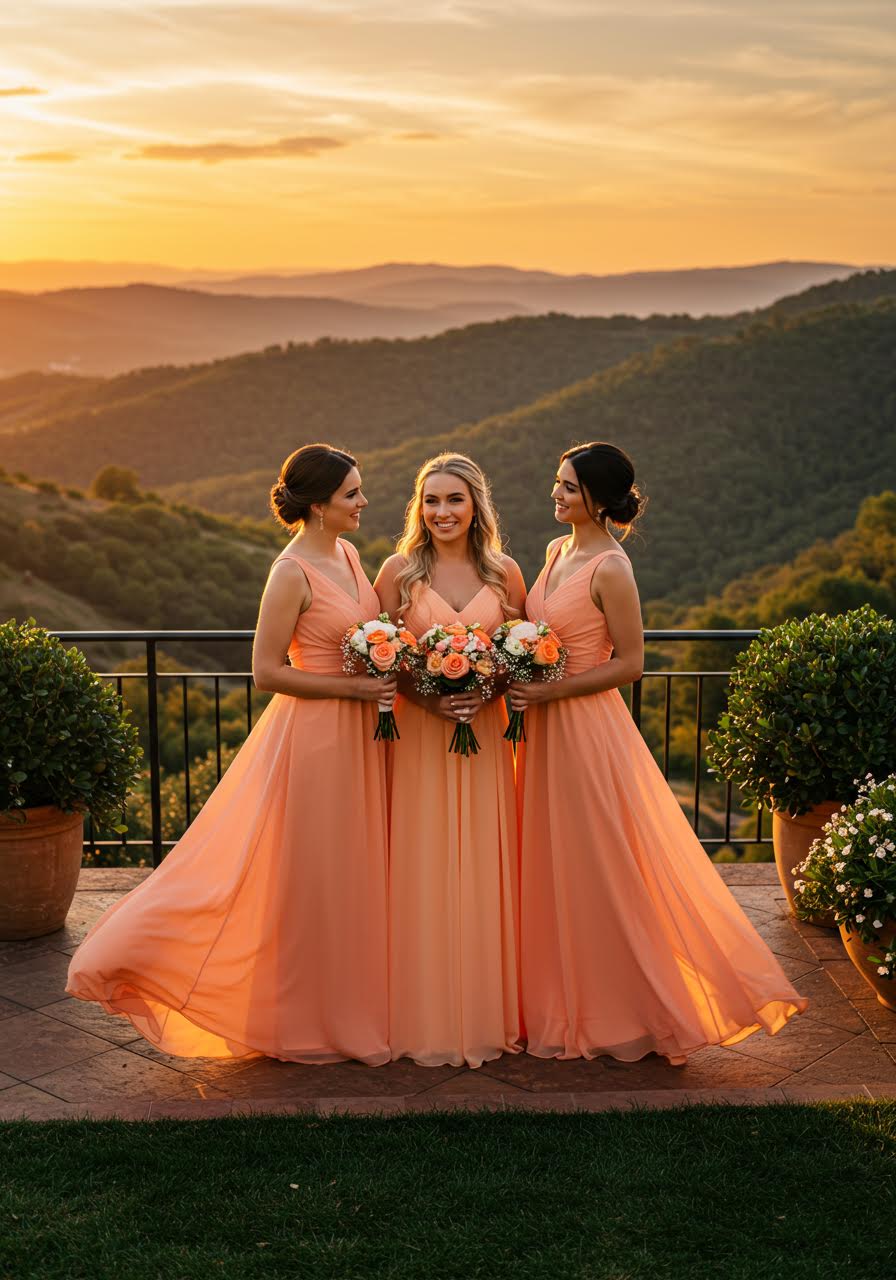 Peach bridesmaid dresses in sunset tones on garden terrace overlooking valley