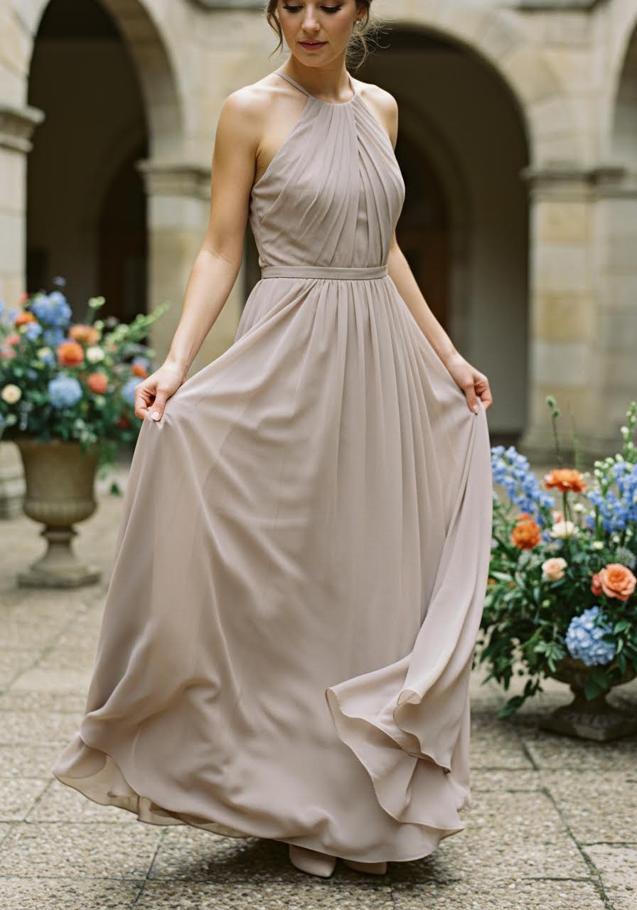 Taupe chiffon A-line bridesmaid dress in elegant garden courtyard with stone archways