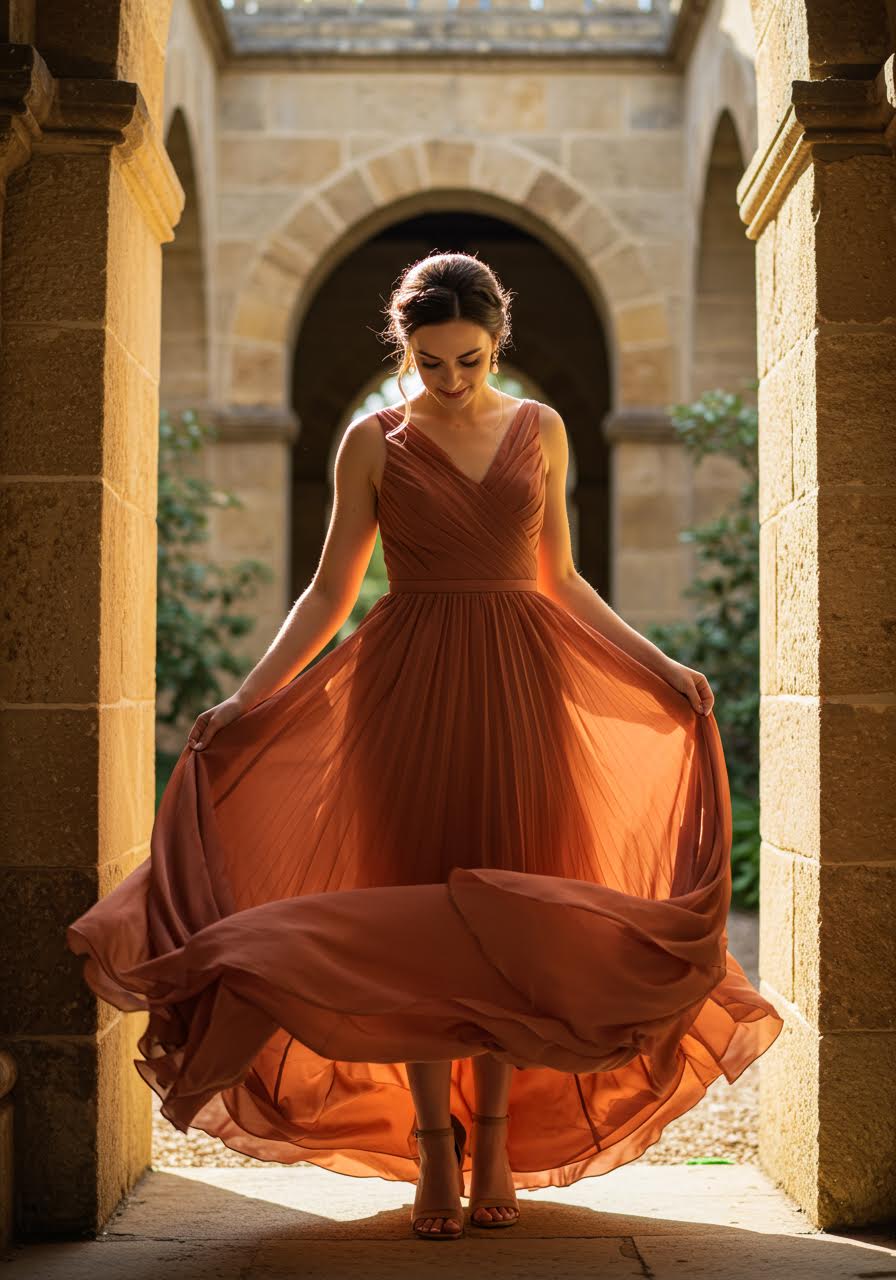 Terracotta chiffon bridesmaid dress with pleated detailing in stone archway courtyard