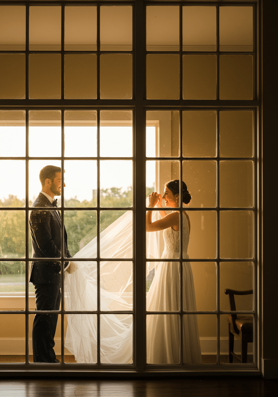 Groom standing outside looking lovingly at bride adjusting veil through window during golden hour before ceremony