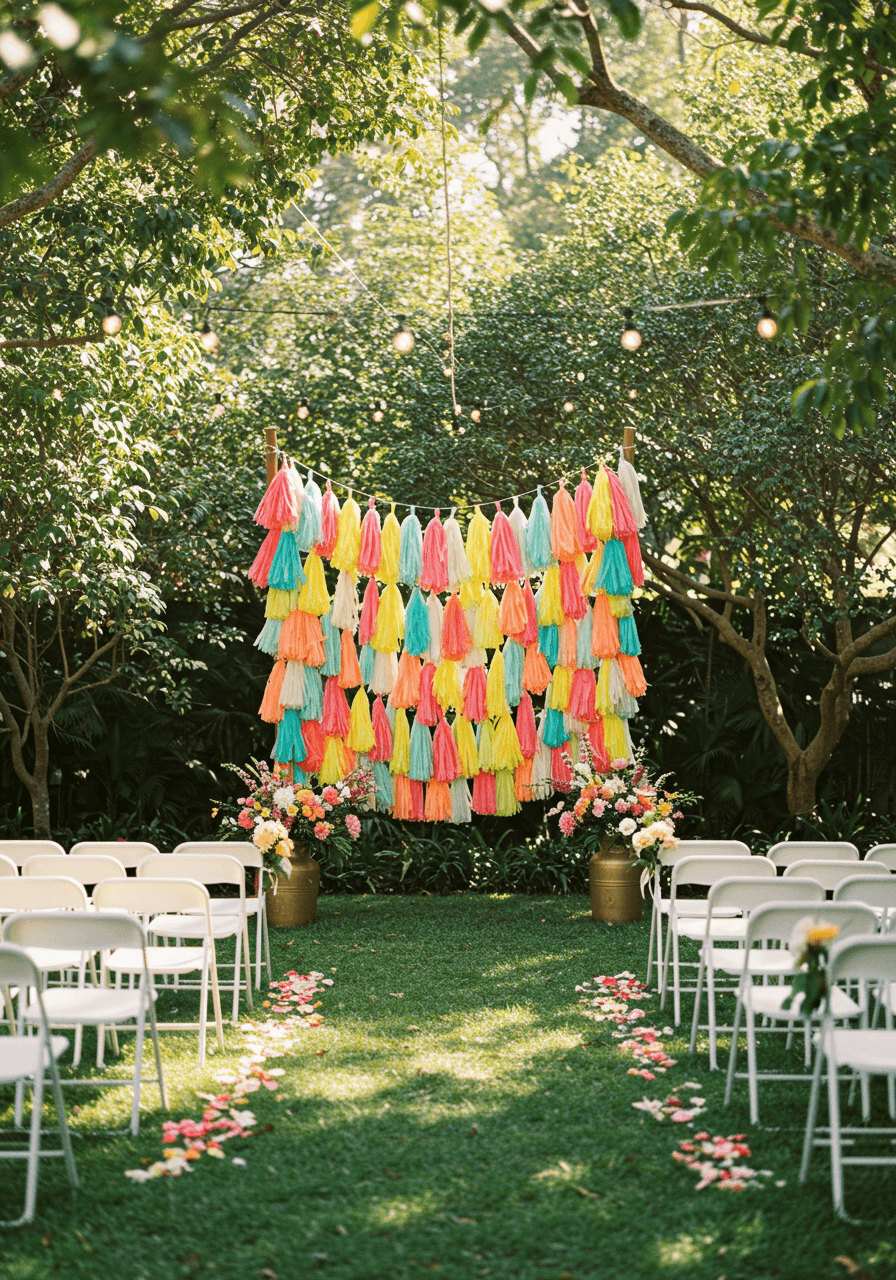 Colourful tassel garland backdrop with tassels in pink, coral, yellow, turquoise and orange hanging in layers