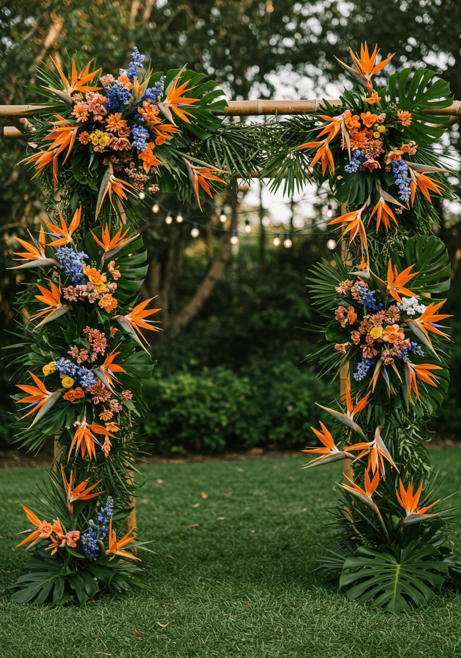 Tropical bird of paradise flower backdrop with vibrant orange and blue blooms in cascading layers