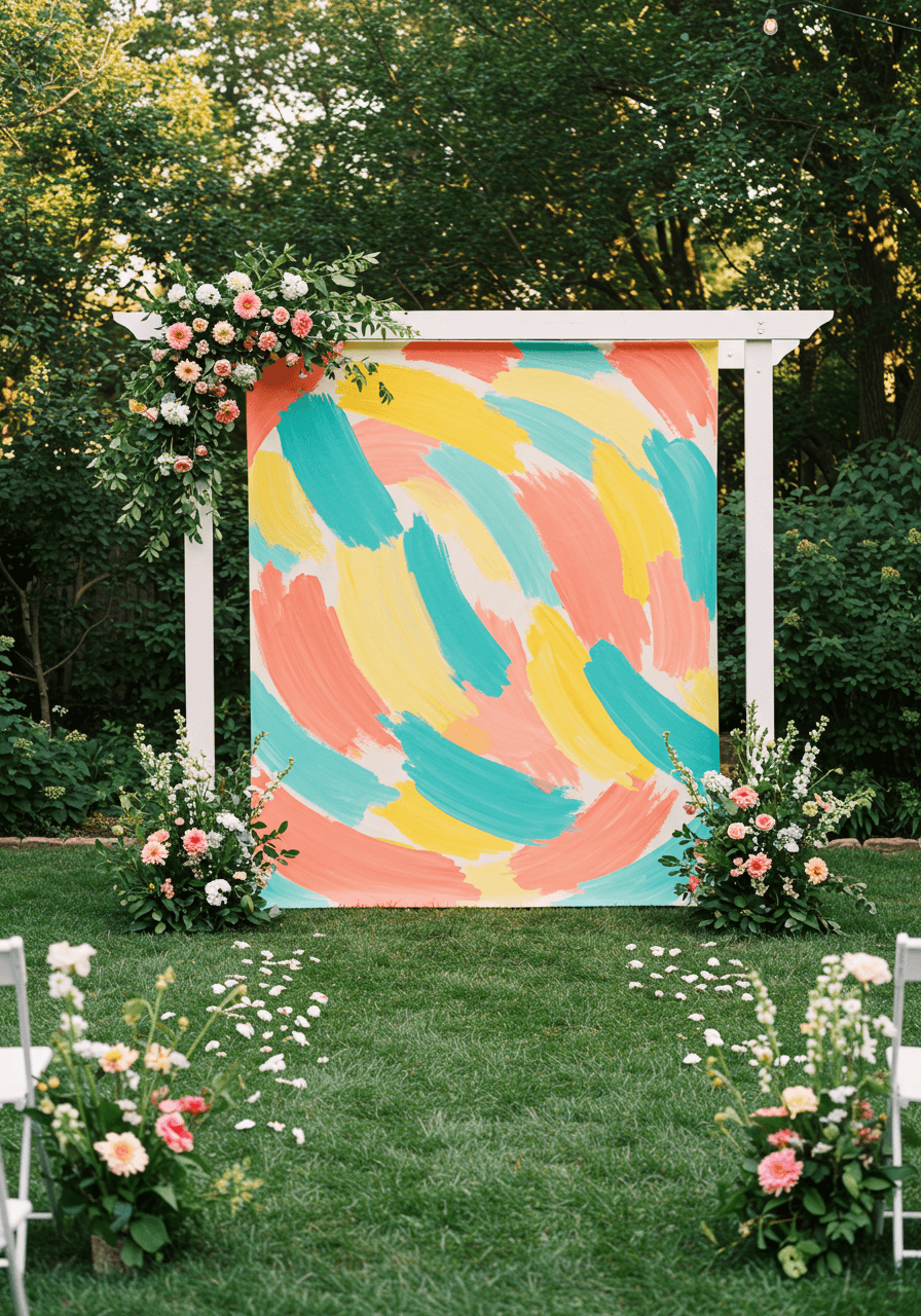Large painted canvas backdrop featuring abstract brushstrokes in vibrant summer colours at garden ceremony