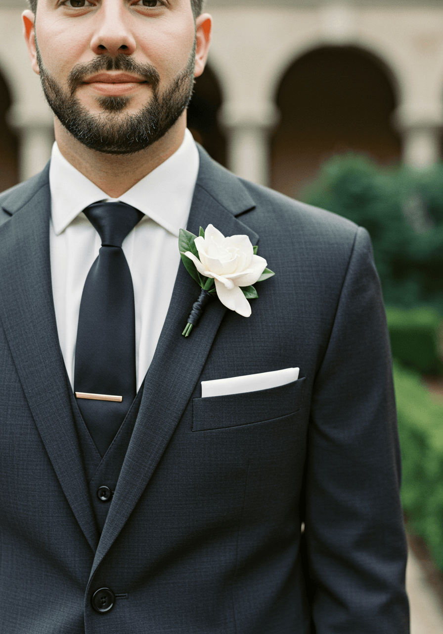 Groom in charcoal tuxedo with single white gardenia boutonniere in elegant garden courtyard